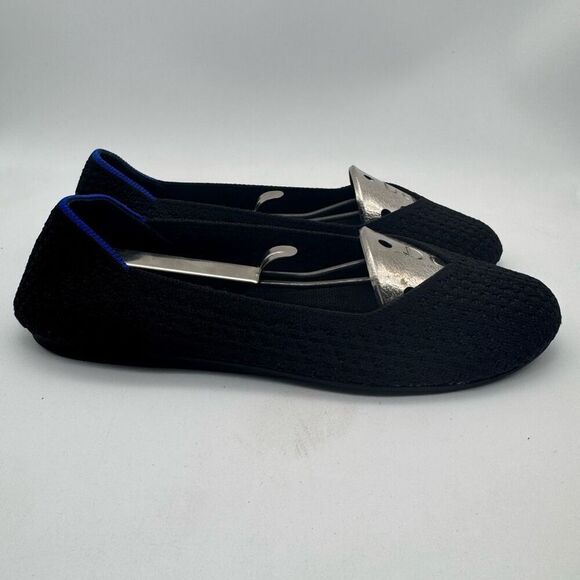 Rothys Ballet Flats Solid Black Size 7 1/2 Round Toe Blue Halo - Picture 1 of 5